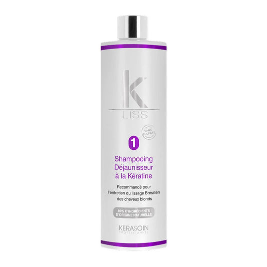 SHAMPOOING SANS SULFATE DÉJAUNISSEUR À LA KÉRATINE - RECOMMANDÉ POUR L'ENTRETIEN DU LISSAGE BRÉSILIEN DES CHEVEUX BLONDS - K-LISS - 400ML